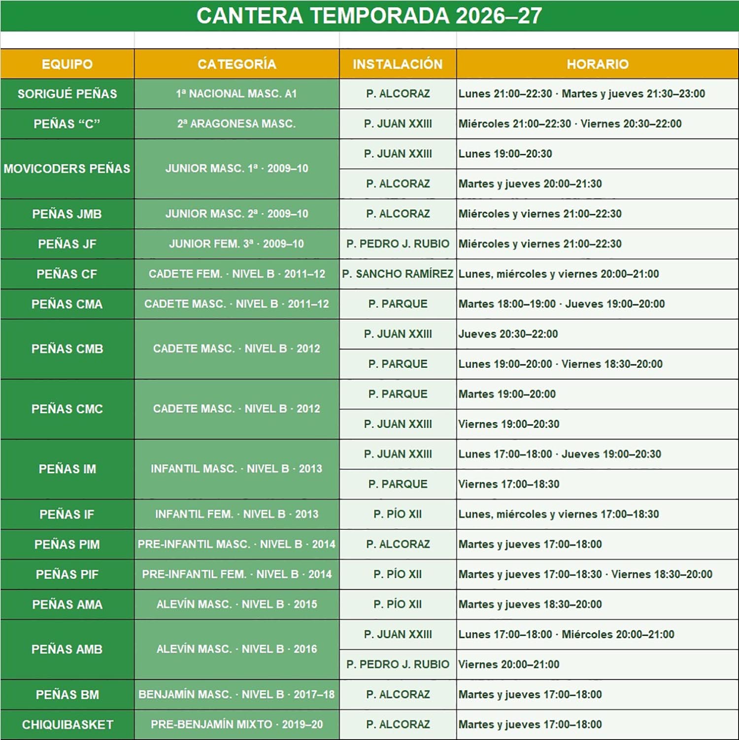 horarios-cantera-club-baloncesto-peñas-huesca-26-27